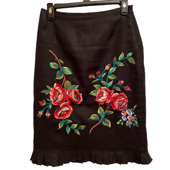 Richard Malcolm Black Linen Multi Color Floral Embroidery Ruffle Pencil Skirt - Picture 1 of 9